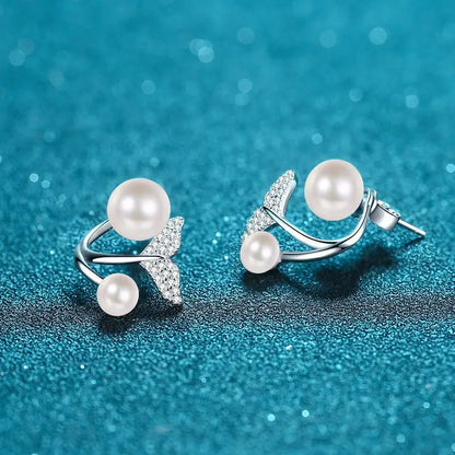 Silver mermaid tail earrings with freshwater pearls and moissanite, versatile two-way wear for women’s parties and birthdays.