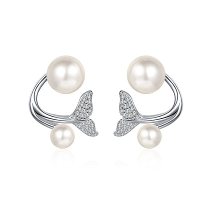 S925 silver mermaid tail earrings with freshwater pearl and moissanite, versatile two-way wear for women, ideal for parties and birthdays.