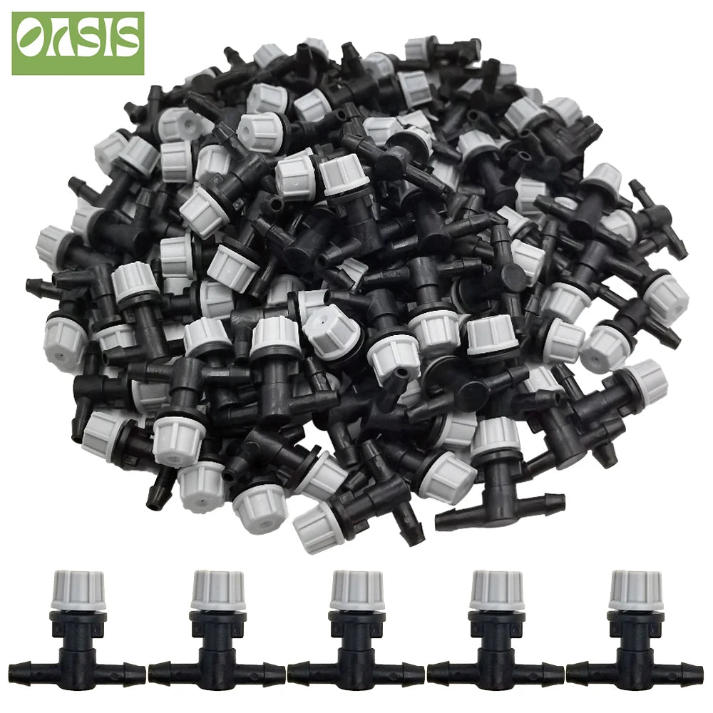 OAISI 20PCS plastic garden misting sprinkler heads with nozzles and tee joints for irrigation watering system.