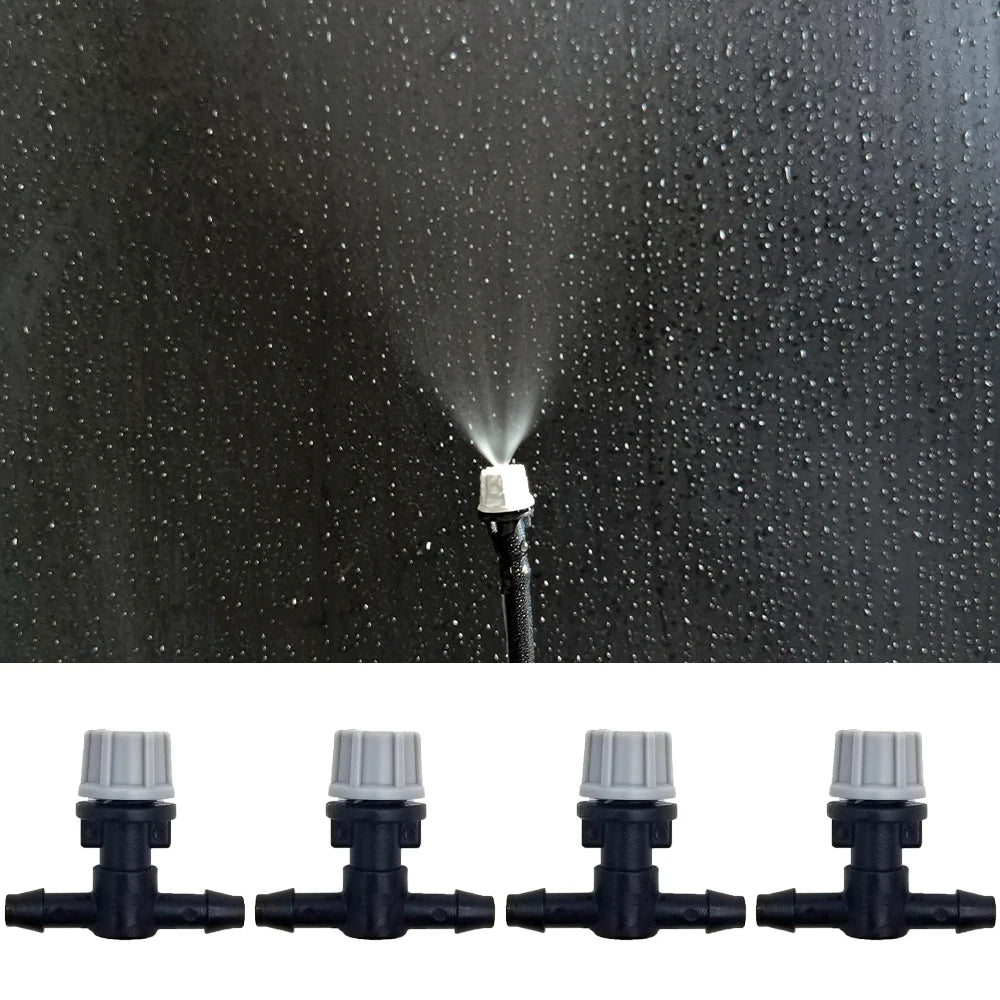 OAISI 20-pack plastic garden watering sprinkler heads with nozzles and tee joints for irrigation and misting watering systems.
