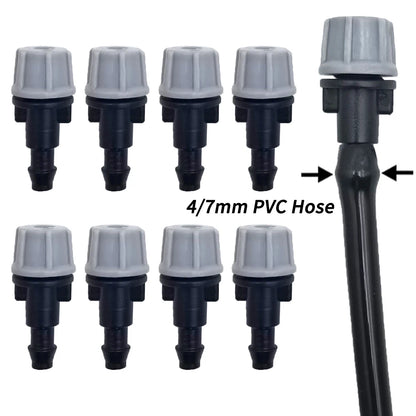 OAISI 20PCS plastic garden watering sprinkler heads with nozzles and tee joints for irrigation and misting systems.