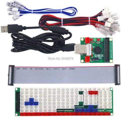 Arcade button controller with cable, USB keyboard encoder, expansion board for PC gaming and arcade game setup.