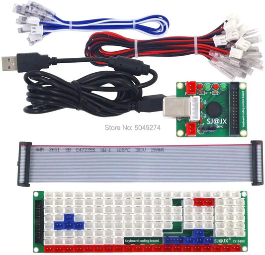 Arcade button controller with cable, USB keyboard encoder, expansion board for PC gaming and arcade game setup.