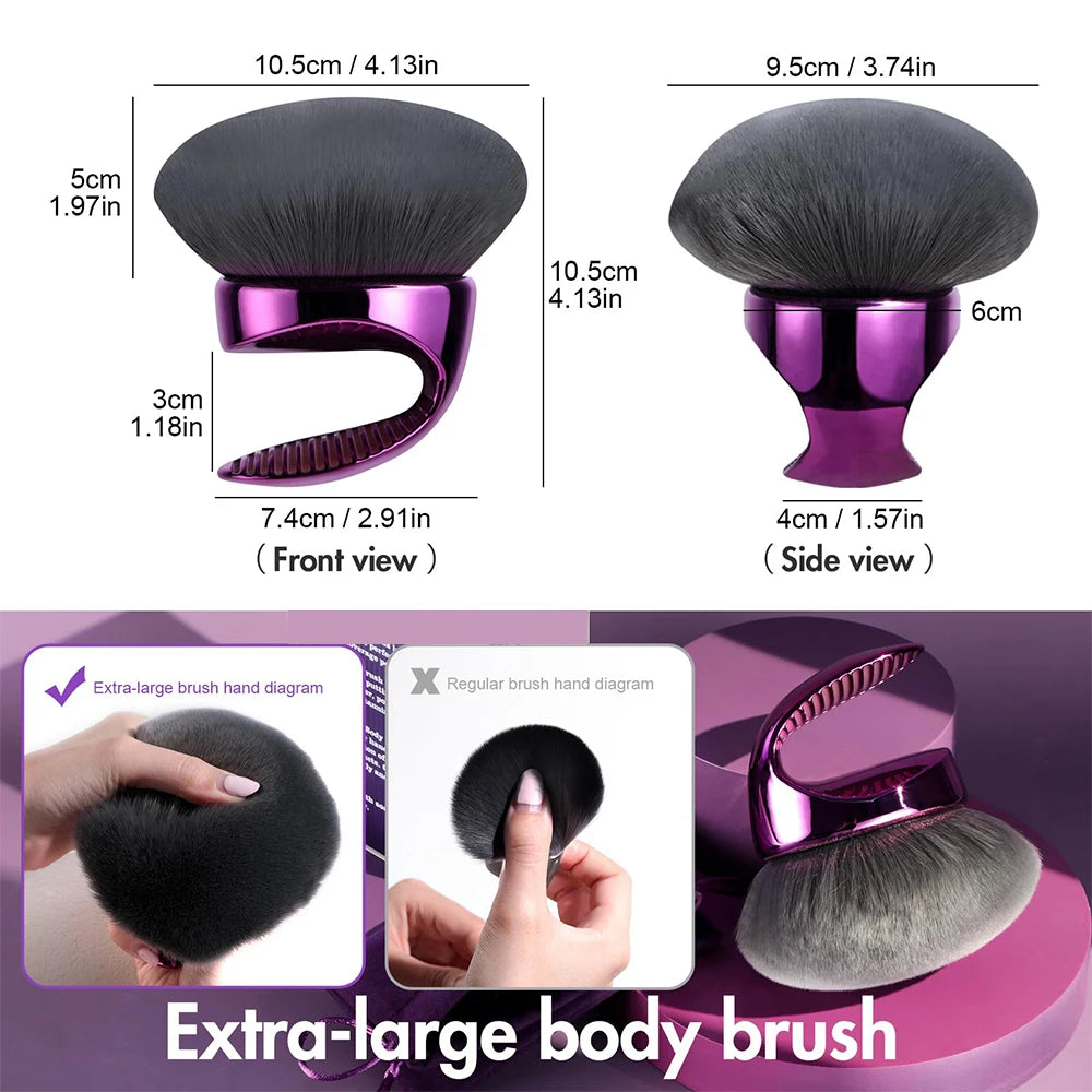 Large vegan kabuki brush for body self-tanner application and foundation blending, professional makeup applicator for smooth, even coverage.