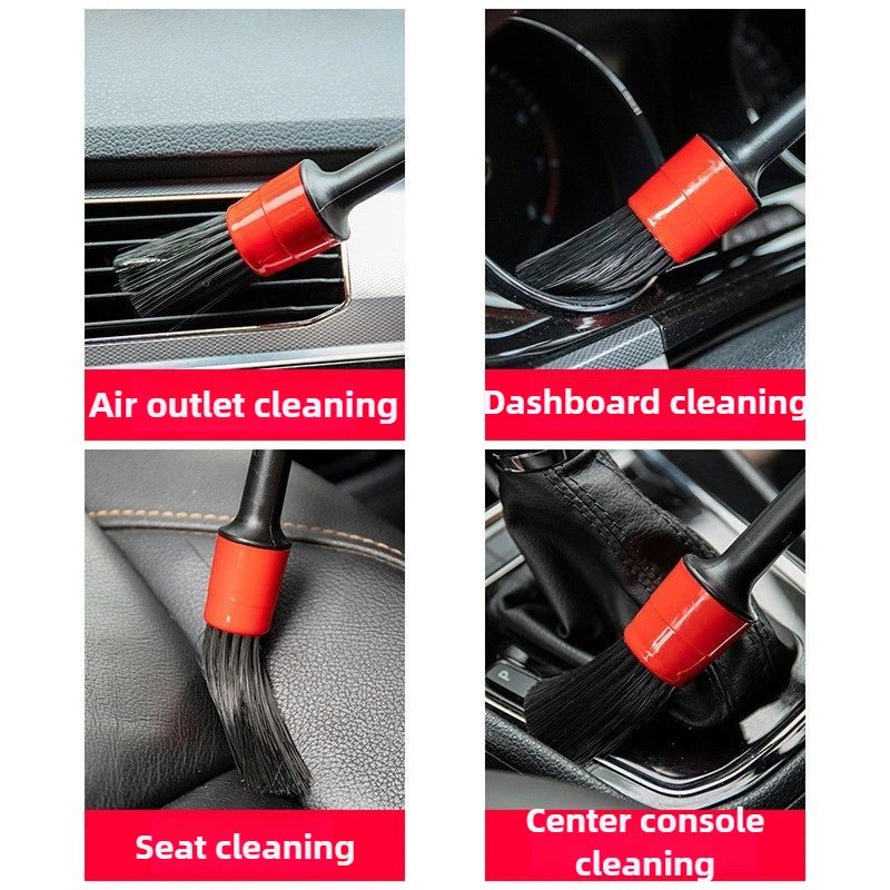 Automotive car cleaning brush kit with interior detail brushes, wheel rim cleaning brushes, and plastic detailing tools.