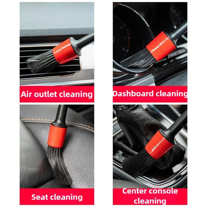 Automotive car cleaning brush kit with interior detail brushes, wheel rim cleaning brushes, and plastic detailing tools.
