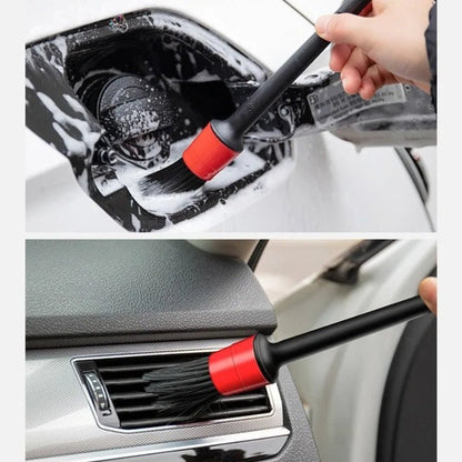 Automotive car cleaning brush kit with interior detailing brushes, wheel rim brushes, and plastic cleaning tools for vehicle maintenance.