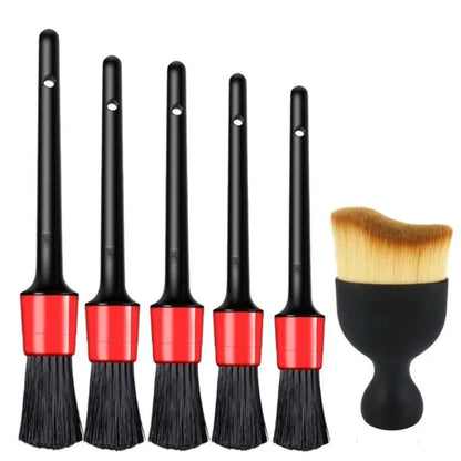 Automotive car cleaning brush kit with interior detail brushes, wheel rim cleaning brushes, and plastic detailing tools for vehicle cleaning.
