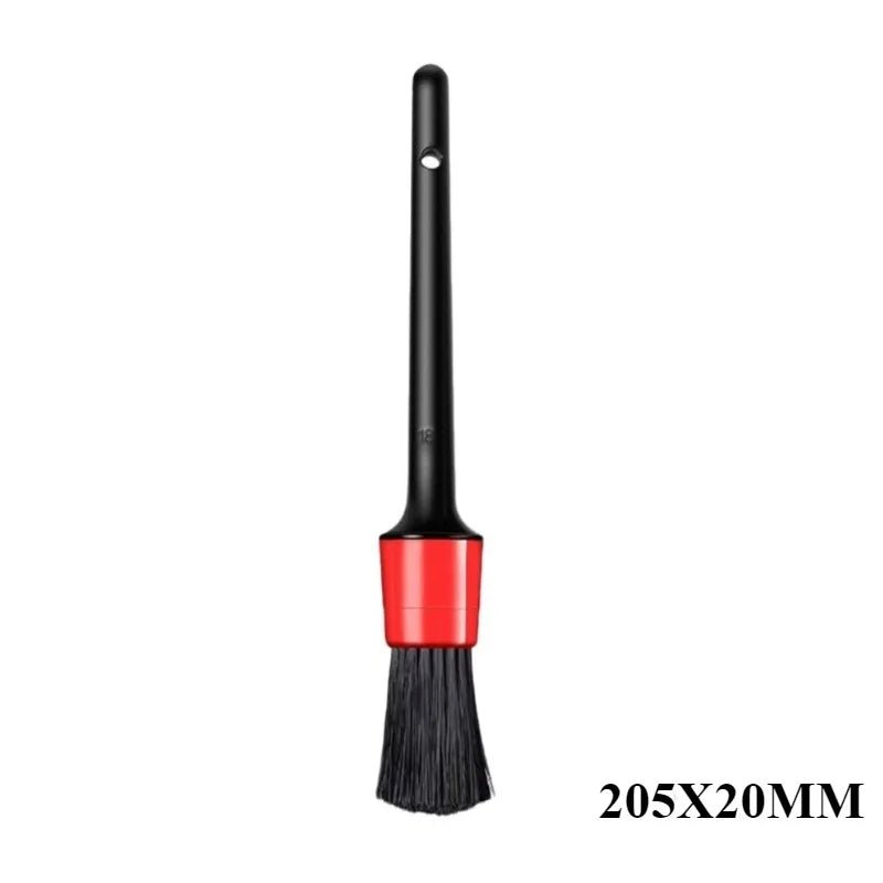 Automotive car cleaning brush kit with interior detail brushes, wheel and rim cleaning brushes, plastic handle, for vehicle detailing.
