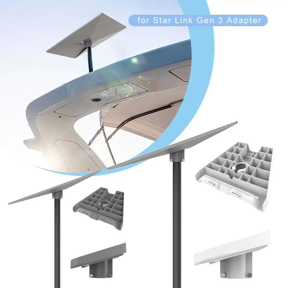 Starlink Gen 3 pipe adapter and ABS pole mount bracket for roof mounting, compatible with Starlink V3 plate and accessories.