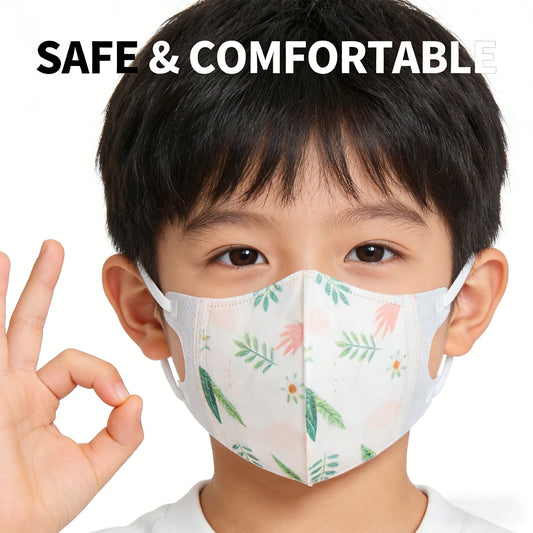 Pack of 50-100 KN95 kid face masks with cartoon designs, FFP2 protective, suitable for children ages 3-12, CE certified.