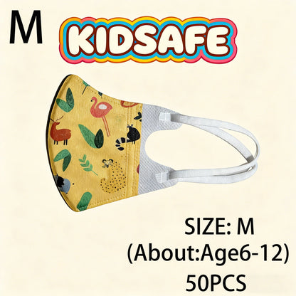 Set of 50-100 KN95 kids face masks for children ages 3-12, featuring cartoon designs, 3-layer protective FFP2 masks for boys and girls.
