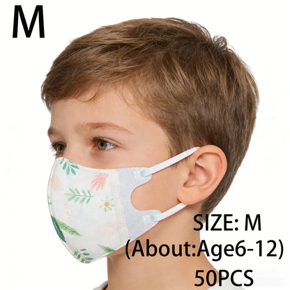 Box of 50-100 KN95 kids face masks in cartoon designs, FPP2 protective, suitable for ages 3-12, with 3-layer filtration for children.