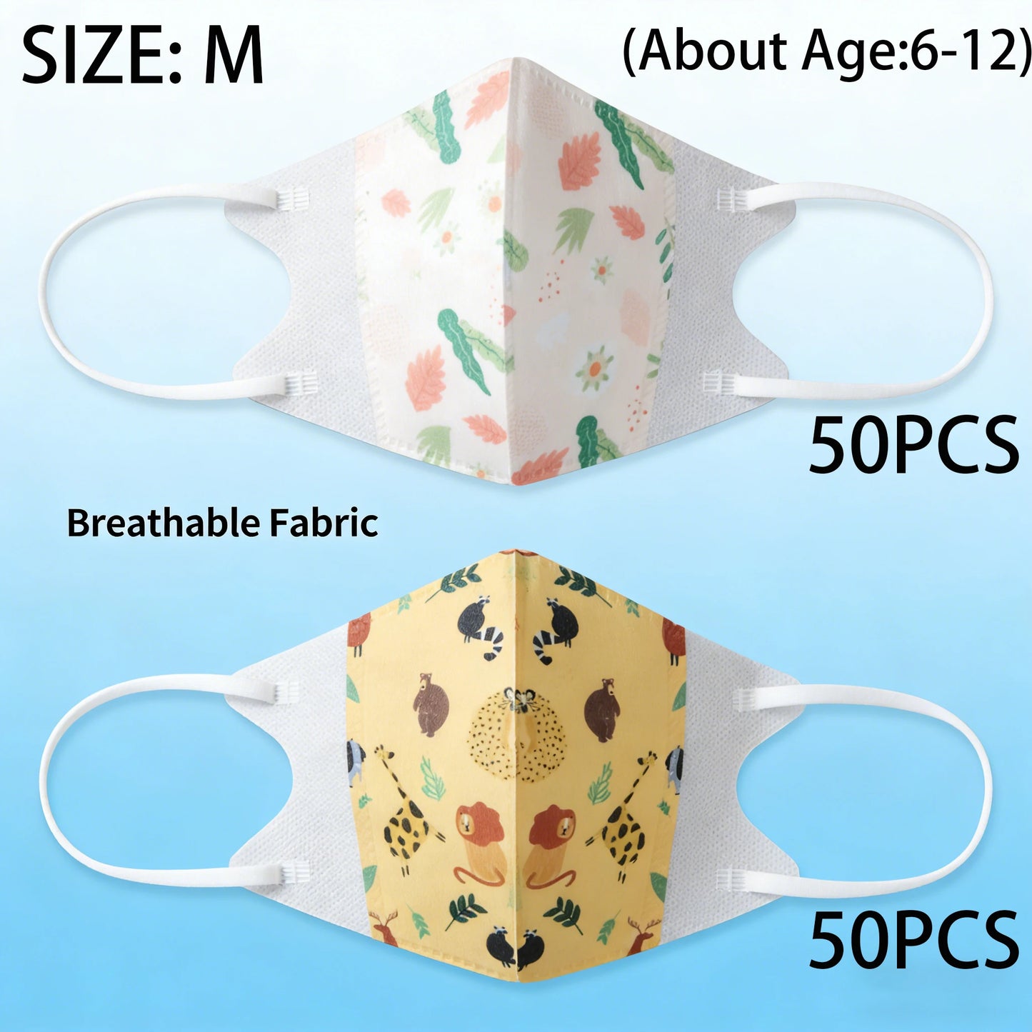 Pack of 50-100 KN95 kids face masks with cartoon designs, 3-layer FFP2 protective masks for children ages 3-12, CE certified.
