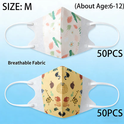 Pack of 50-100 KN95 kids face masks with cartoon designs, 3-layer FFP2 protective masks for children ages 3-12, CE certified.