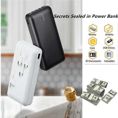 Power bank-shaped storage box from BackupMyFilesNow.com holding watches, jewelry, cash, and small valuables in a secure safe.