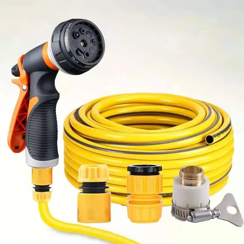 Garden watering water gun with sprinkler head for vegetable and garden watering, connected to household water pipe and garden hose.