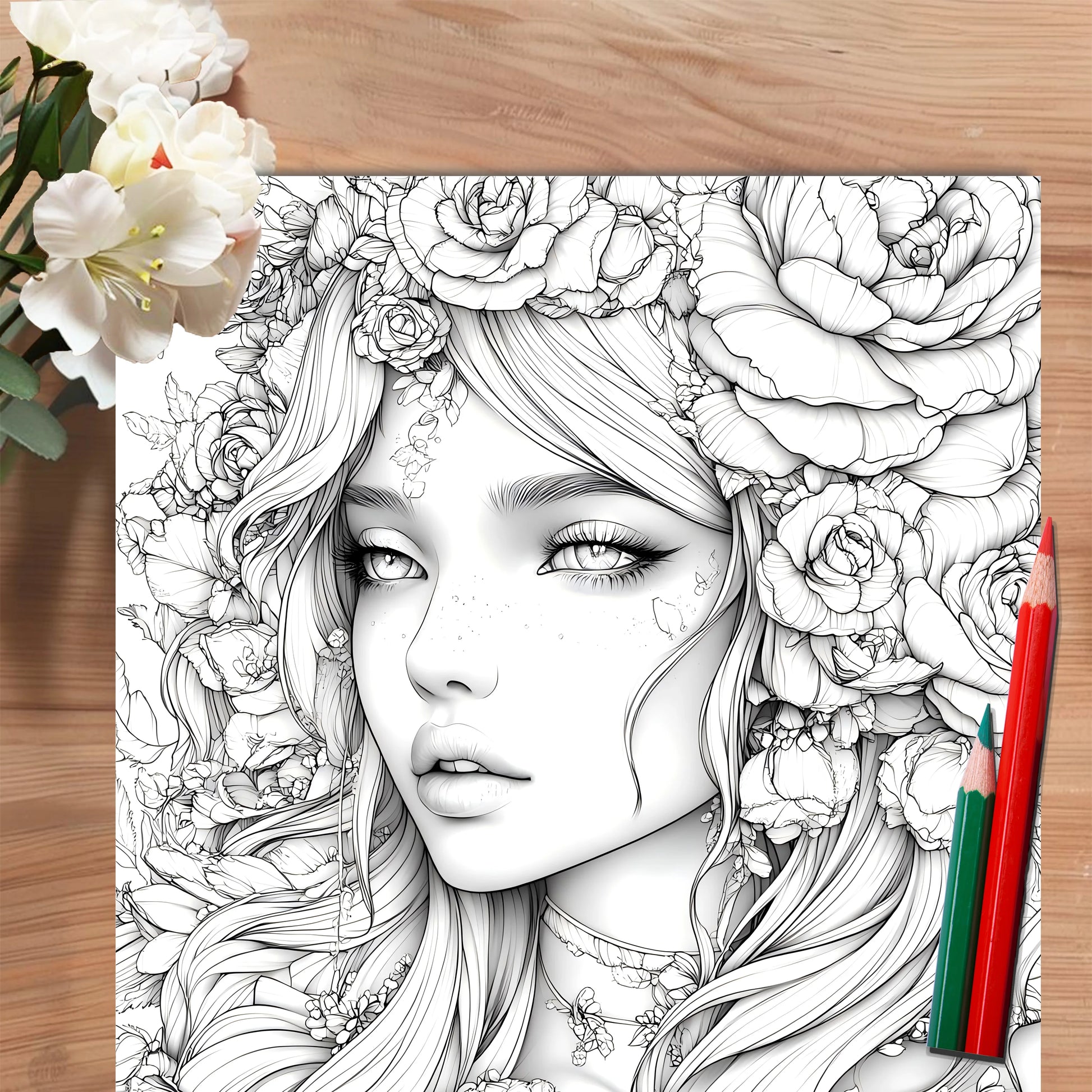 Adult picture book featuring detailed portraits of beautiful women in bloom for makeup practice and coloring pencil techniques.