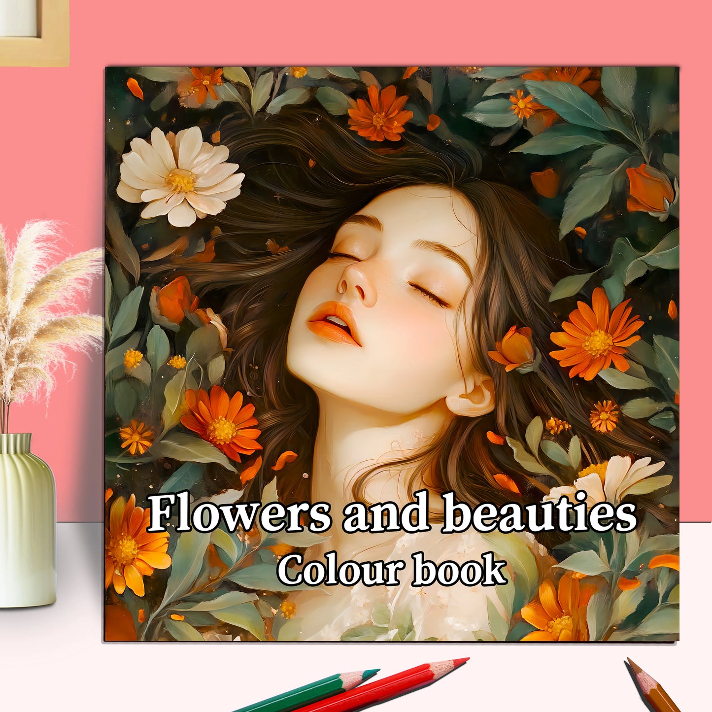 Adult picture book featuring detailed portraits of beautiful women in bloom, ideal for makeup practice and coloring with pencils.