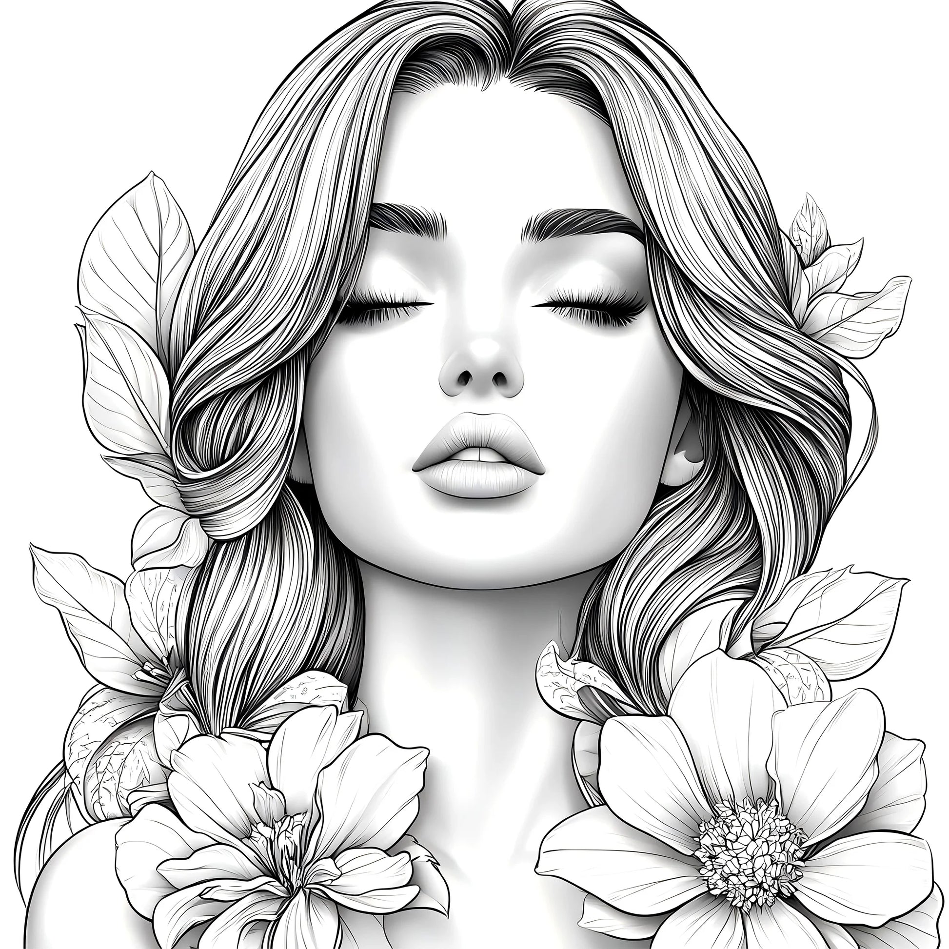 Adult picture book by BackupMyFilesNow.com featuring detailed portraits of beautiful women in bloom for makeup practice and coloring.