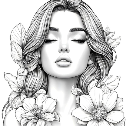 Adult picture book by BackupMyFilesNow.com featuring detailed portraits of beautiful women in bloom for makeup practice and coloring.