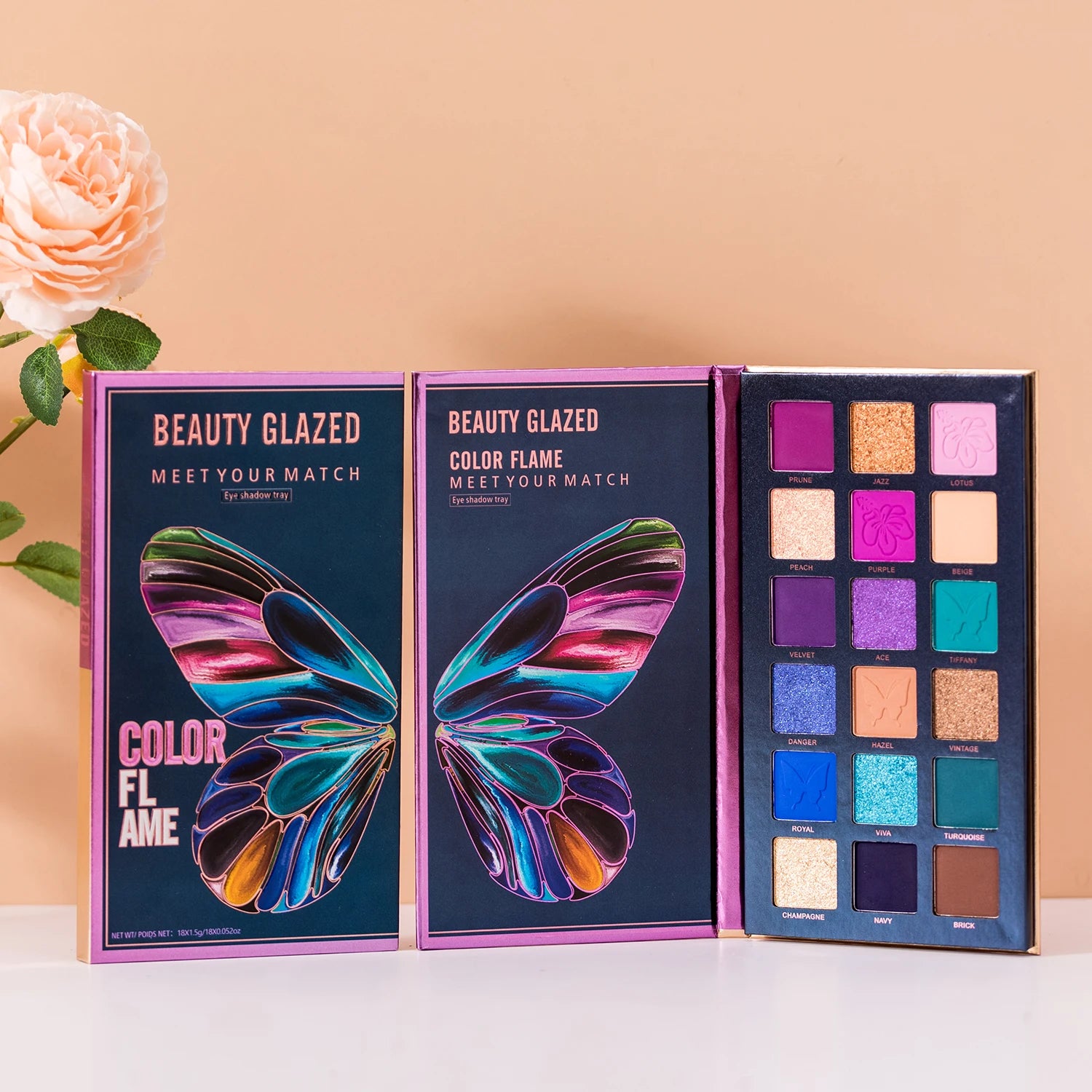 Beauty Glazed Butterfly eyeshadow palette with 18 highly pigmented matte and shimmer shades for versatile eye makeup looks.
