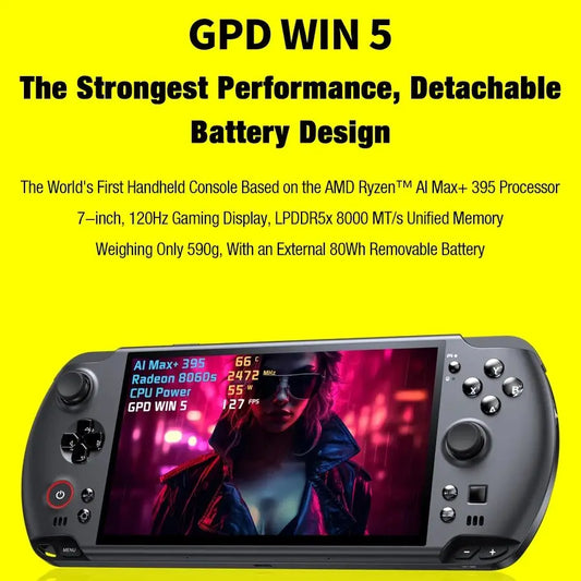 GPD Win5 handheld gaming console with 7-inch 120Hz 1080p LTPS display, AMD395 processor, RGB backlit, ergonomic design.