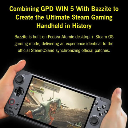 GPD Win5 handheld gaming console with 7-inch 120Hz 1080p LTPS screen, AMD395 processor, RGB lighting, and ergonomic design.