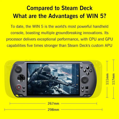 GPD Win5 handheld gaming console with 7-inch 120Hz 1080P LTPS screen, AMD395 processor, Windows 11, RGB lighting, ergonomic design.