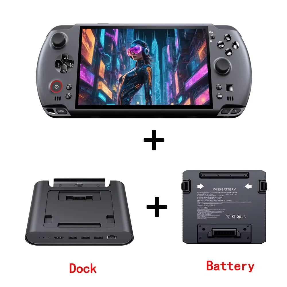 GPD Win5 handheld gaming console with 7-inch 120Hz 1080p LTPS screen, AMD395 processor, RGB lighting, and ergonomic design.