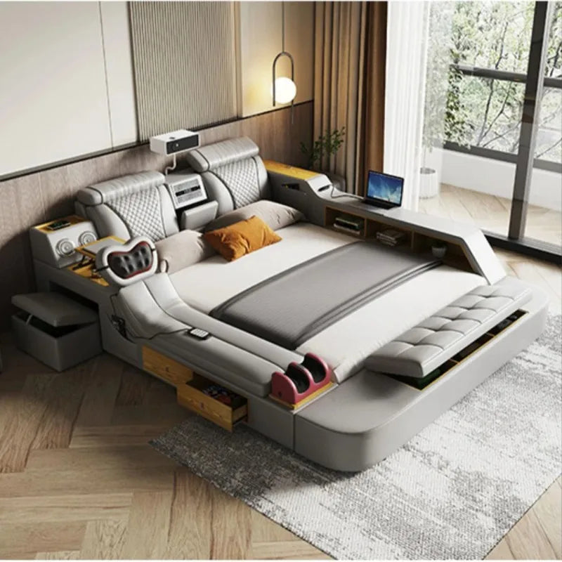 Tech Smart Bed by BackupMyFilesNow.com with genuine leather, built-in massage, speakers, projector, and air purifier in a modern bedroom setting.