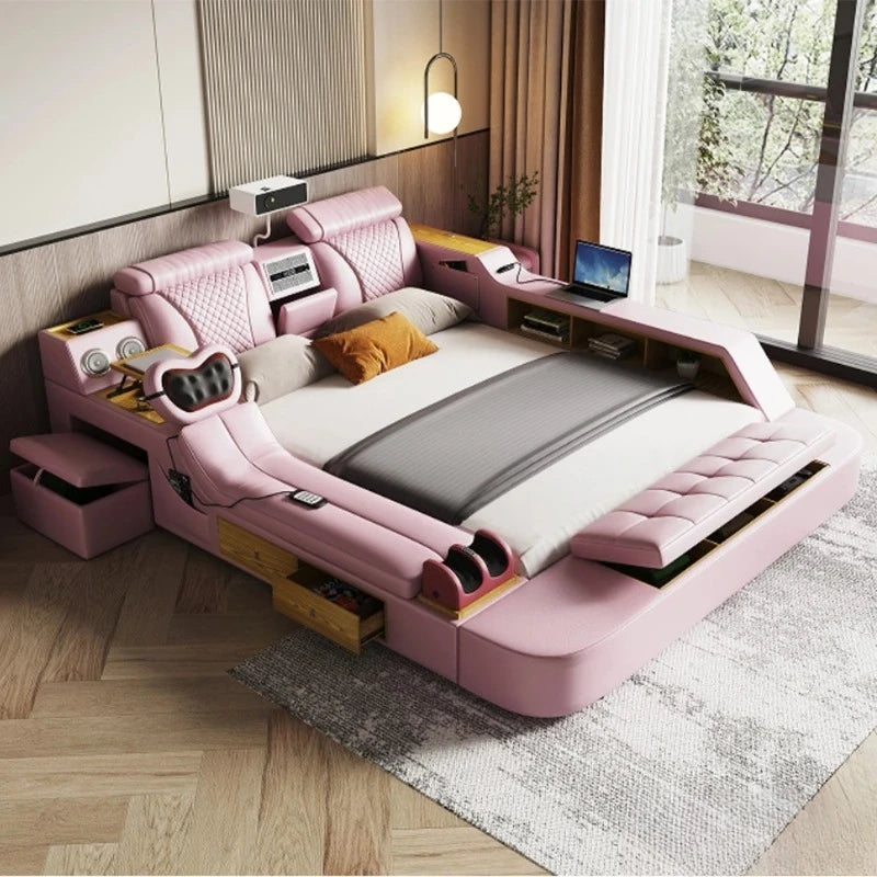 Tech Smart Bed by BackupMyFilesNow.com with genuine leather, massage, built-in speaker, projector, and air purifier in a modern bedroom scene.