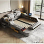 Tech Smart Bed by BackupMyFilesNow.com with genuine leather, built-in massage, speaker, projector, and air purifier in a modern design.