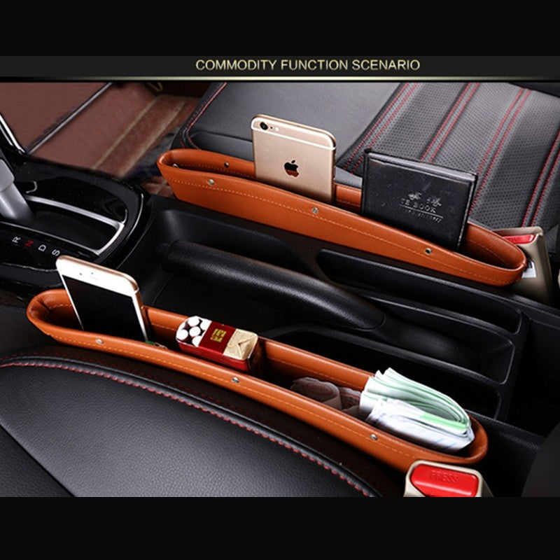 Beige car seat gap storage organizer and trash box by BACKUPMYFILESNOW.COM®, designed to keep essentials and trash tidy in vehicles.