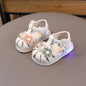 Beige lightweight summer kid sandals with LED lights, floral princess design, versatile retro style, perfect for girls.