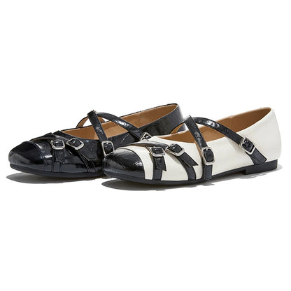 Beige women's Mary Jane shoes with stylish cross-strap design, flat ballet flats for spring and autumn comfort.