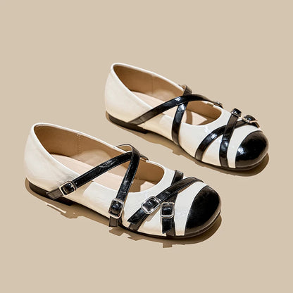 Beige women's Mary Jane shoes with stylish cross-strap and flat ballet design, ideal for spring and autumn comfort.