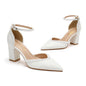 Beige 2026 high heels bride wedding shoes with pointed toe, side shallow V-shape, pearl ankle strap, women pumps.