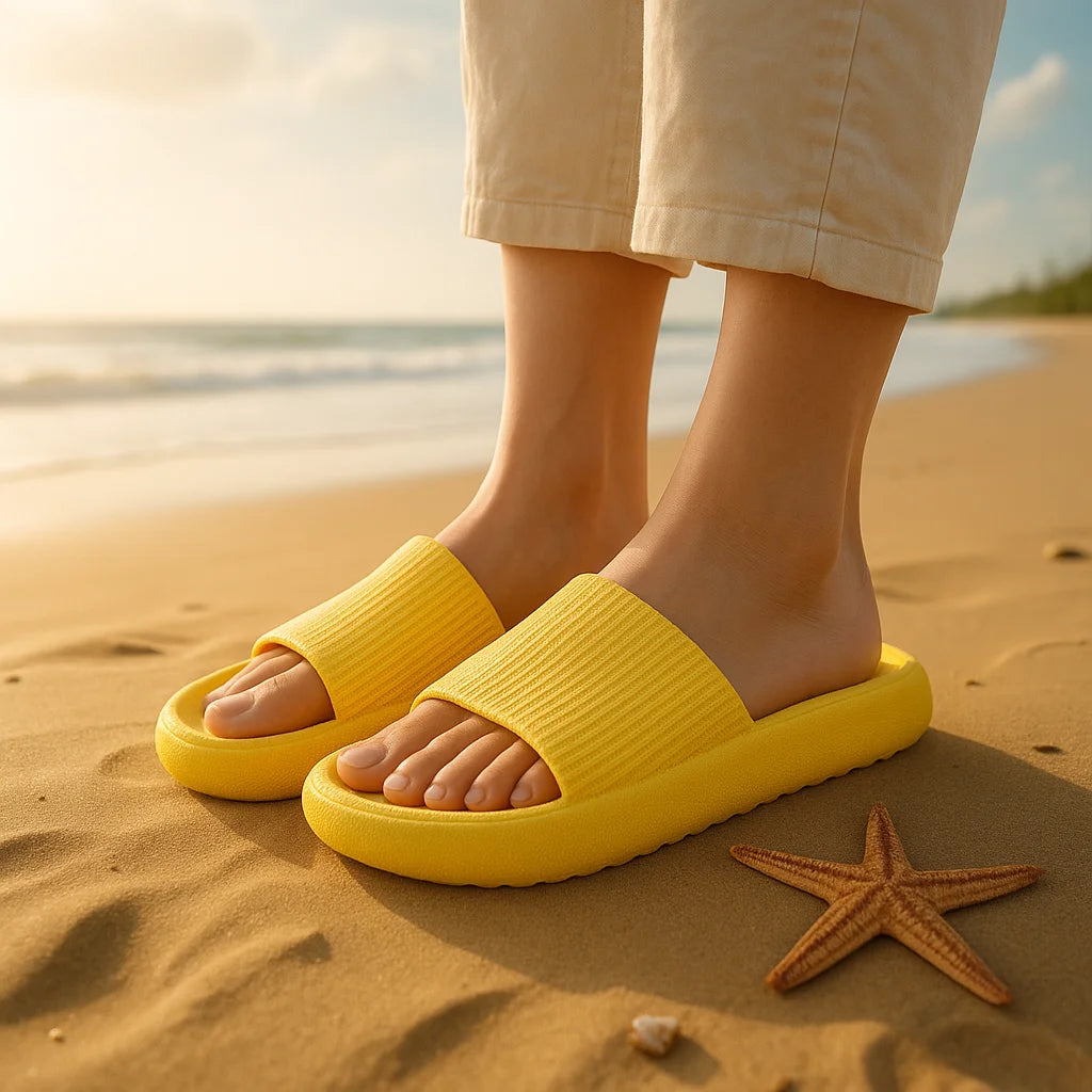 Beige EVA thick sole beach slippers with 4cm height increase, cloud-like comfort, solid color summer sandals for home or outdoor use.