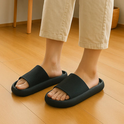 Beige EVA thick sole beach slippers with 4cm height increase, cloud-like comfort, indoor use, suitable for couples and summer.