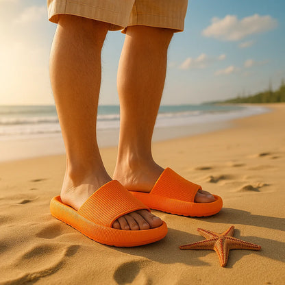 Beige EVA thick sole beach slippers with 4cm height increase, cloud-like comfort, indoor use, summer sandals for couples.
