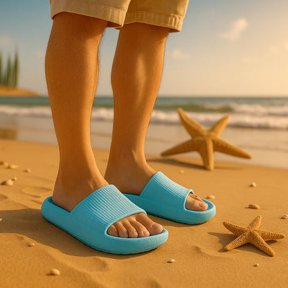Beige EVA thick sole beach slippers with 4cm height increase, cloud-like comfort, indoor use, solid color summer sandals.