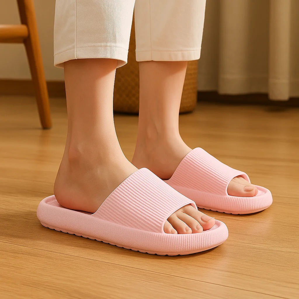 Beige EVA thick sole beach slippers with 4cm height increase, cloud-like comfort, ideal for home or summer indoor use.