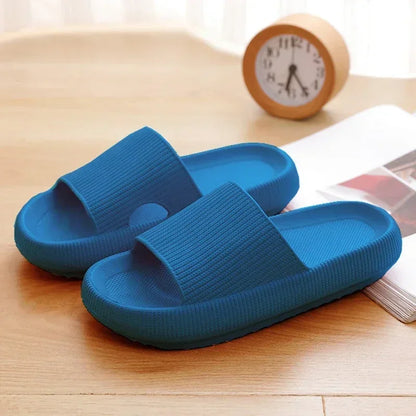 Beige EVA thick sole beach slippers with 4cm height increase, cloud-like comfort, indoor and outdoor use, solid color summer sandals.