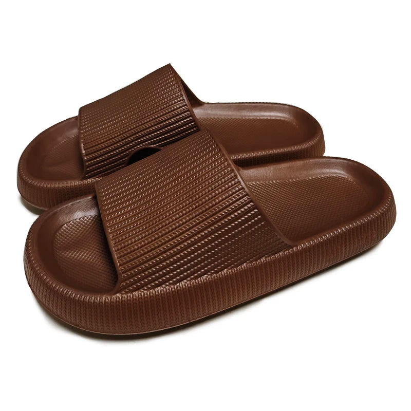 Beige EVA thick sole beach slippers with 4cm height, cloud-like comfort, solid color summer sandals for home or indoor use.