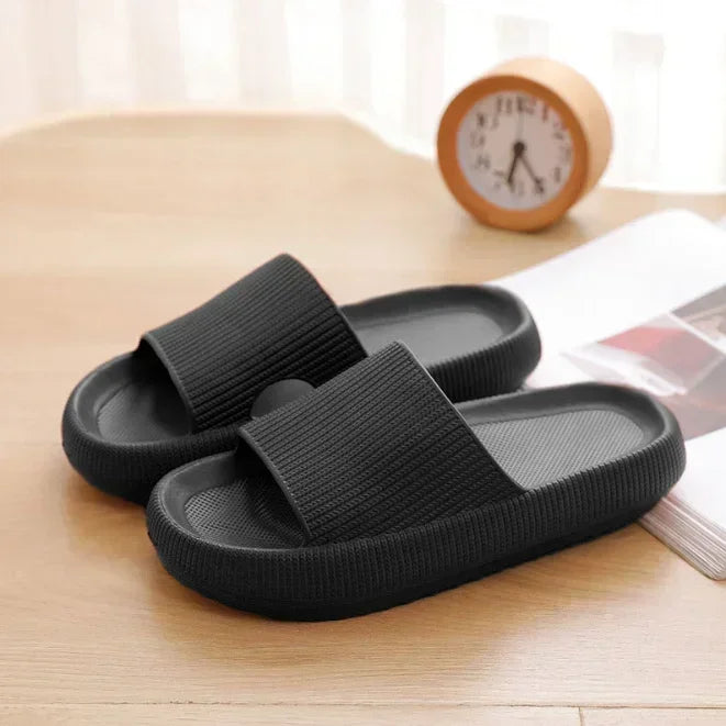 Beige EVA thick sole beach slippers with 4cm height increase, cloud-like comfort, indoor use, and solid color summer sandals.