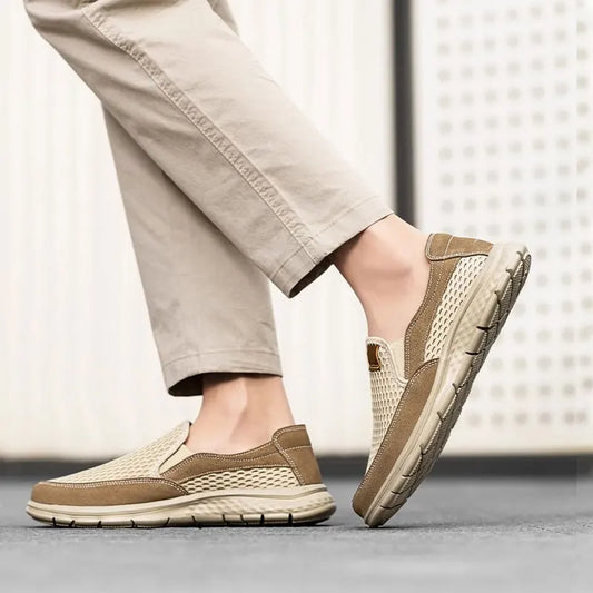 Beige men's slip-on loafers from BackupMyFilesNow.com, breathable casual shoes ideal for summer and light walking.