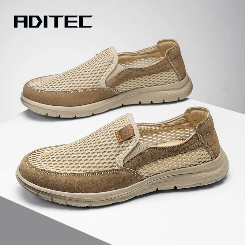 Beige men's slip-on loafers, breathable casual shoes for summer, lightweight walking shoes with quality craftsmanship.