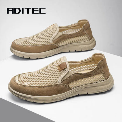 Beige men's slip-on loafers, breathable casual shoes for summer, lightweight walking shoes with quality craftsmanship.