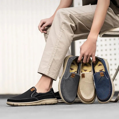 Beige men's slip-on loafers, breathable summer casual shoes, lightweight walking shoes with improved quality.